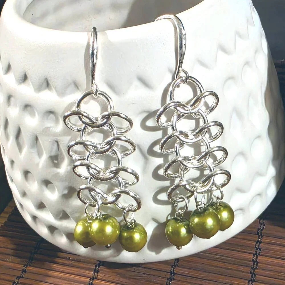 Handmade Lime Green Glass Pearls Sterling Silver Plated Chainmaille Earrings
